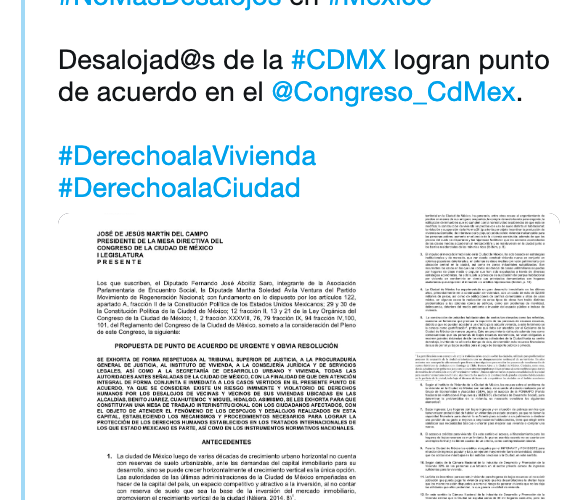 México – Avalan acuerdo en Congreso de la CDMX para atender violaciones en DDHH por desalojos forzados