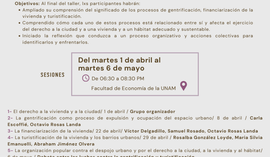 México – Taller de formación sobre la gentrificación, la financiarización y la turistificación de la vivienda, el hábitat y el espacio urbano