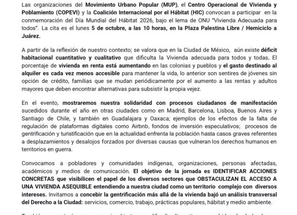 México – MUP/COPEVI/HIC: Por una ciudad para todxs: convocatoria por el Día Mundial del Hábitat en Ciudad de México