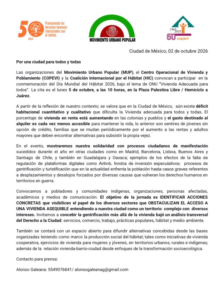 México – MUP/COPEVI/HIC: Por una ciudad para todxs: convocatoria por el Día Mundial del Hábitat en Ciudad de México