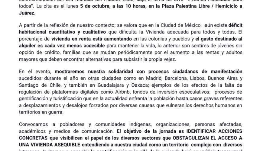 México – MUP/COPEVI/HIC: Por una ciudad para todxs: convocatoria por el Día Mundial del Hábitat en Ciudad de México México – MUP/COPEVI/HIC: Por una ciudad para todxs: convocatoria por el Día Mundial del Hábitat en Ciudad de México